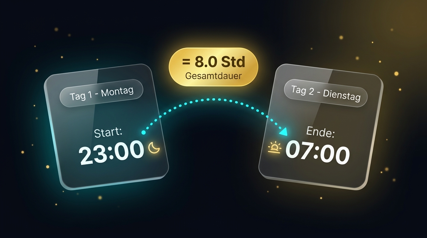 Kalenderansicht einer Arbeitszeit über zwei Tage mit Beginn am Vorabend und Ende am Folgemorgen