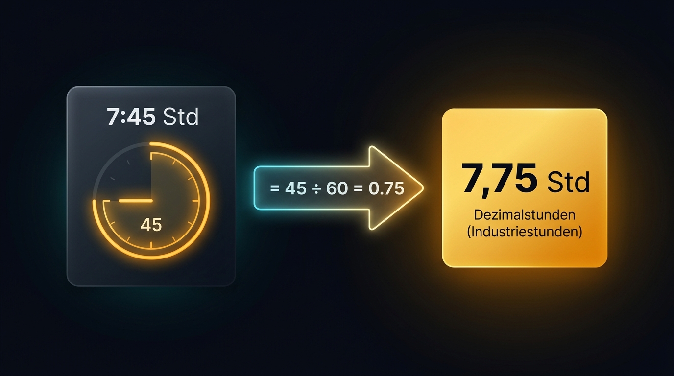 Gegenüberstellung von 7 Stunden 45 Minuten im 60er System und 7,75 Dezimalstunden im 100er System