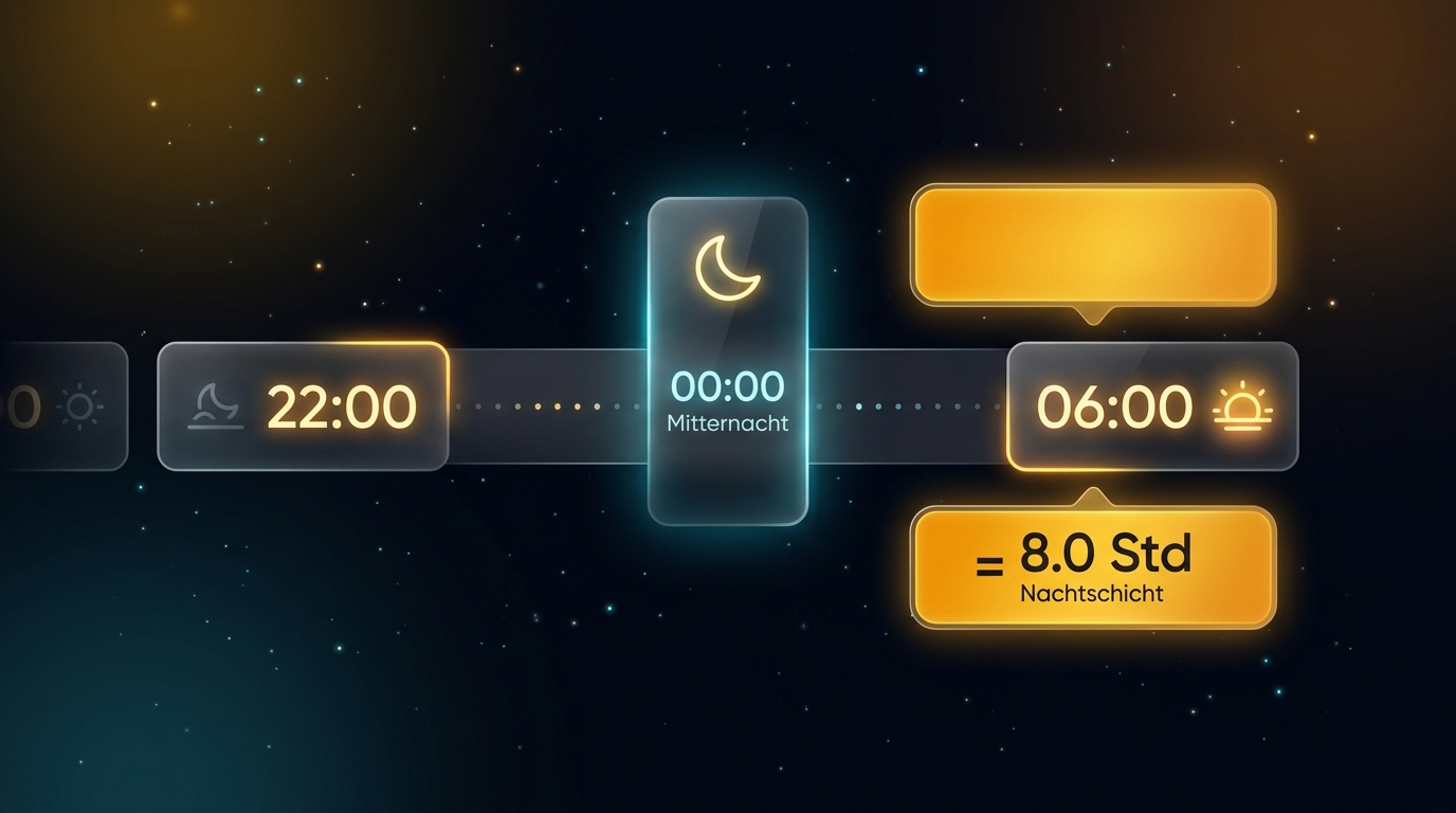 Nachtschicht Zeitleiste von 22 Uhr bis 6 Uhr morgens mit Tageswechsel um Mitternacht